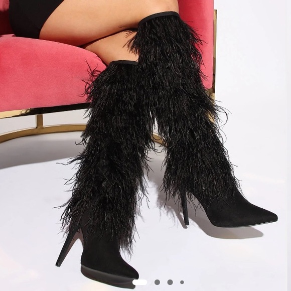 Fashion Nova Black Feathered Heeled Boots - Picture 1 of 5